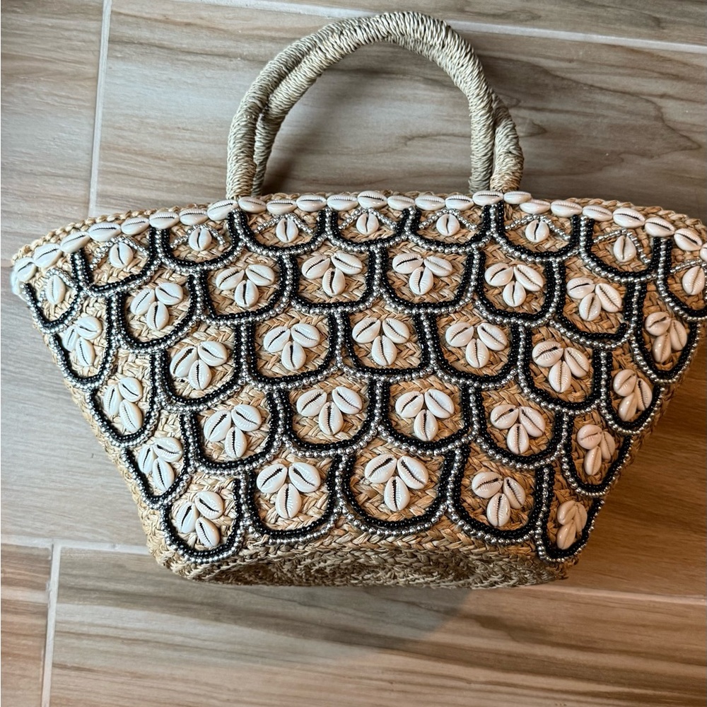 Handcrafted Shell-Embellished Tan Tote Bag